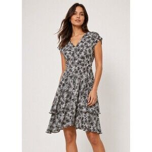 REISS Canyon Dress Black/White V neck Sleeveless Layered Hem Work Summer Party 2